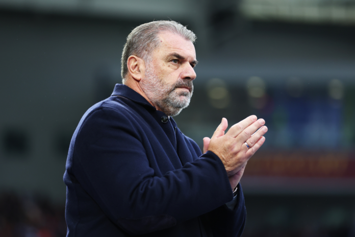 BRIGHTON, ENGLAND - OCTOBER 06: Ange Postecoglou, Manager of Tottenham Hotspur, looks on prior to the Premier League match between Brighton & Hove Albion FC and Tottenham Hotspur FC at Amex Stadium on October 06, 2024 in Brighton, England.