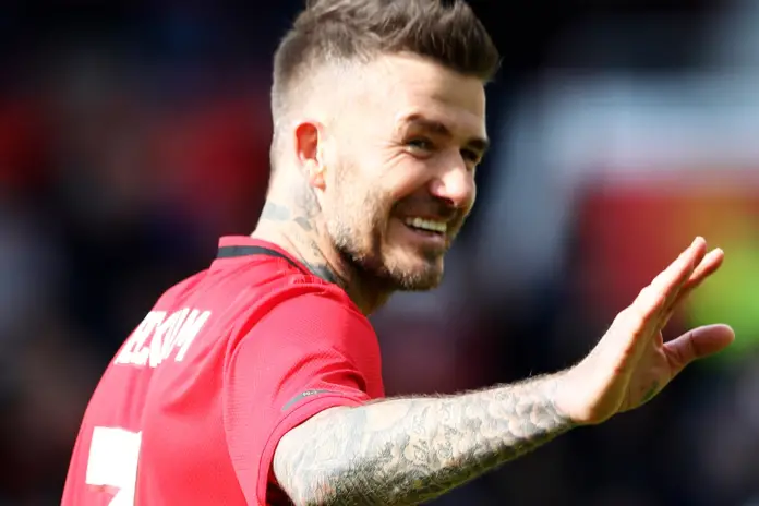 MANCHESTER, ENGLAND - MAY 26: David Beckham of Manchester United '99 Legends looks on after the Manchester United '99 Legends and FC Bayern Legends match at Old Trafford on May 26, 2019 in Manchester, England.