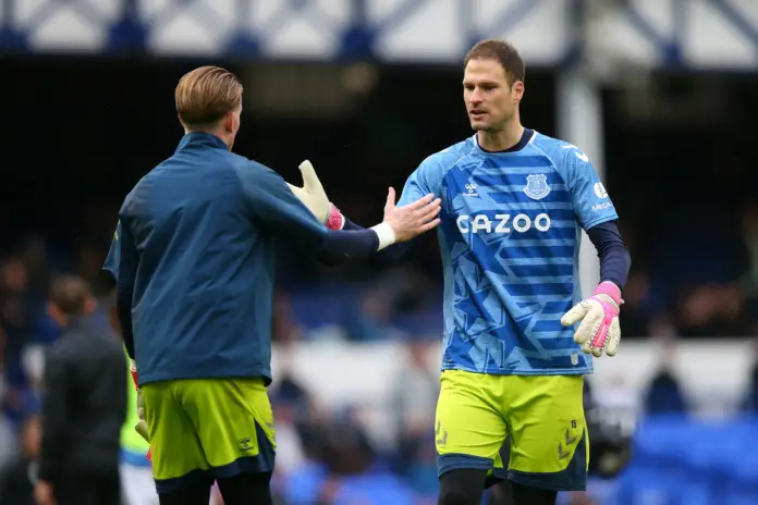 LIVERPOOL, ENGLAND - OCTOBER 23: Asmir Begovic and Jordan Pickford of Everton during the warm up prior to the Premier League match between Everton and Watford at Goodison Park on October 23, 2021 in Liverpool, England.