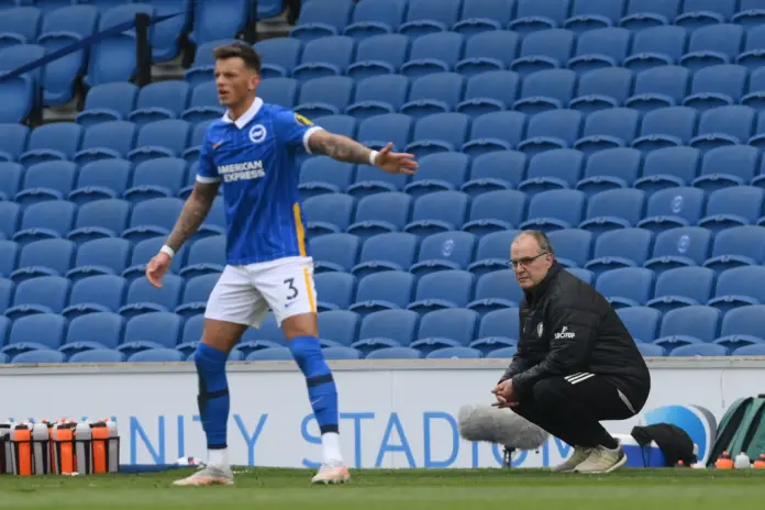 BRIGHTON, ENGLAND - MAY 01: Marcelo Bielsa, Manager of Leeds United looks on as Ben White of Brighton and Hove Albion reacts during the Premier League match between Brighton & Hove Albion and Leeds United at American Express Community Stadium on May 01, 2021 in Brighton, England. Sporting stadiums around the UK remain under strict restrictions due to the Coronavirus Pandemic as Government social distancing laws prohibit fans inside venues resulting in games being played behind closed doors.