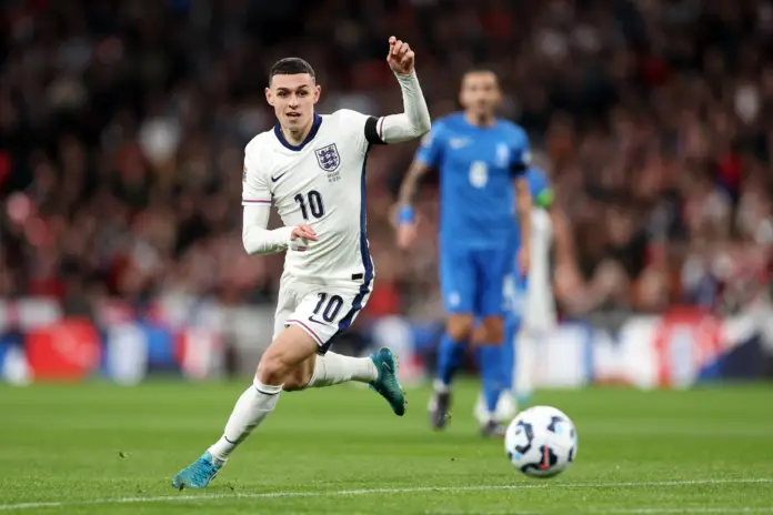 LONDON, ENGLAND - OCTOBER 10: Phil Foden of England looks to control the ball during the UEFA Nations League 2024/25 League B Group B2 match between England and Greece at Wembley Stadium on October 10, 2024 in London, England.